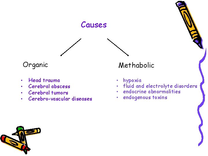 Causes Organic • • Head trauma Cerebral abscess Cerebral tumors Cerebro-vascular diseases Methabolic •