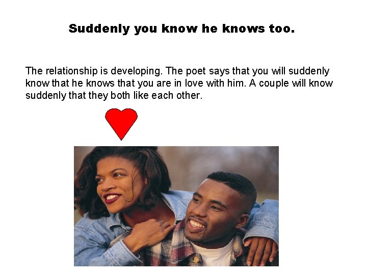 Suddenly you know he knows too. The relationship is developing. The poet says that