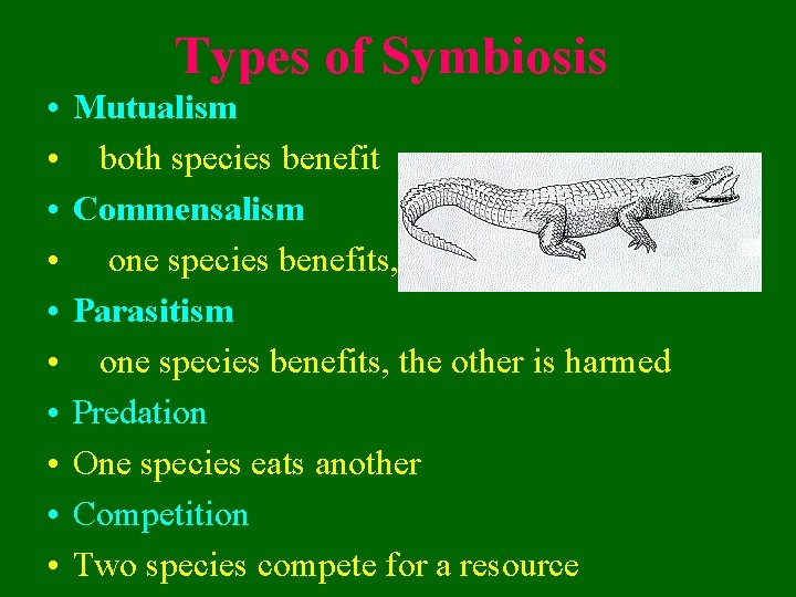 Types of Symbiosis • • • Mutualism both species benefit Commensalism one species benefits,