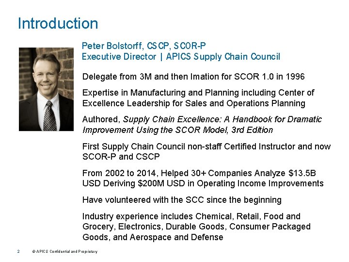Introduction Peter Bolstorff, CSCP, SCOR-P Executive Director | APICS Supply Chain Council Delegate from