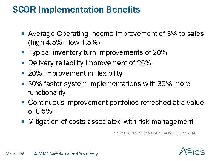 SCOR Implementation Benefits § Average Operating Income improvement of 3% to sales (high 4.