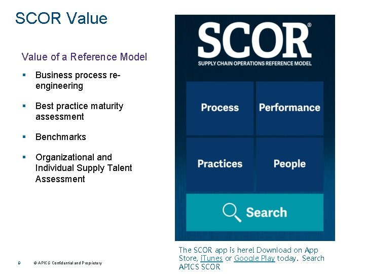 SCOR Value of a Reference Model 9 § Business process reengineering § Best practice