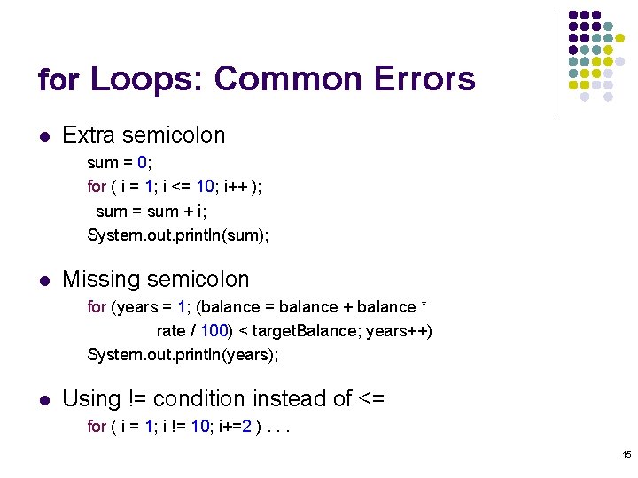 for Loops: Common Errors l Extra semicolon sum = 0; for ( i = for Loops: Common Errors l Extra semicolon sum = 0; for ( i =