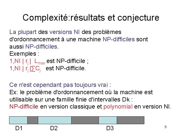Complexité: résultats et conjecture La plupart des versions NI des problèmes d'ordonnancement à une