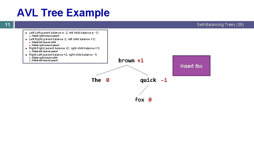 AVL Tree Example 11 Self-Balancing Trees (39) ■ Left-Left (parent balance is -2, left AVL Tree Example 11 Self-Balancing Trees (39) ■ Left-Left (parent balance is -2, left