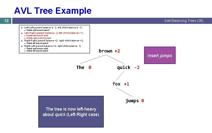 AVL Tree Example 13 Self-Balancing Trees (39) ■ Left-Left (parent balance is -2, left AVL Tree Example 13 Self-Balancing Trees (39) ■ Left-Left (parent balance is -2, left
