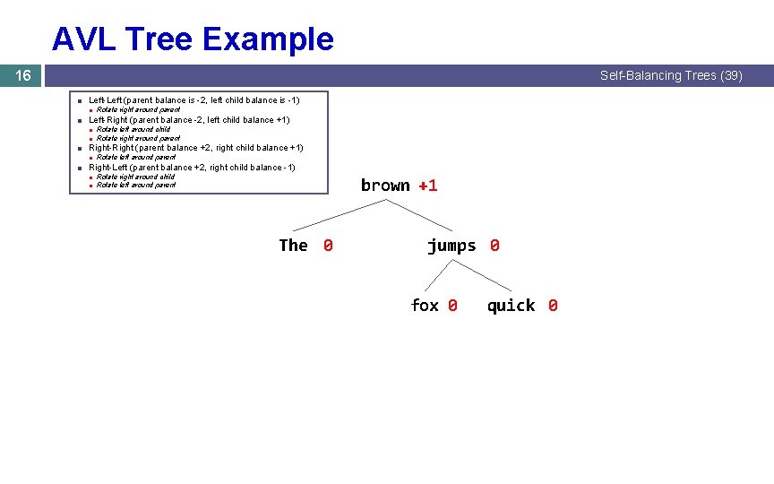 AVL Tree Example 16 Self-Balancing Trees (39) ■ Left-Left (parent balance is -2, left AVL Tree Example 16 Self-Balancing Trees (39) ■ Left-Left (parent balance is -2, left