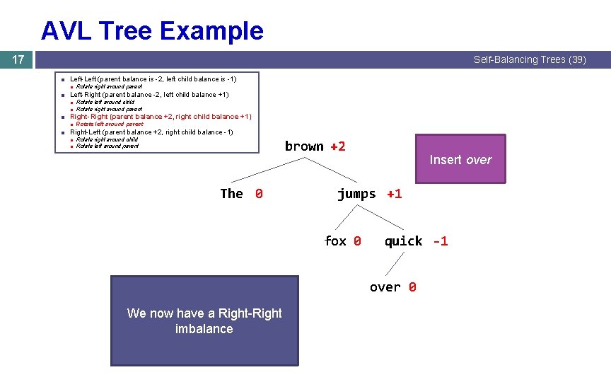 AVL Tree Example 17 Self-Balancing Trees (39) ■ Left-Left (parent balance is -2, left AVL Tree Example 17 Self-Balancing Trees (39) ■ Left-Left (parent balance is -2, left
