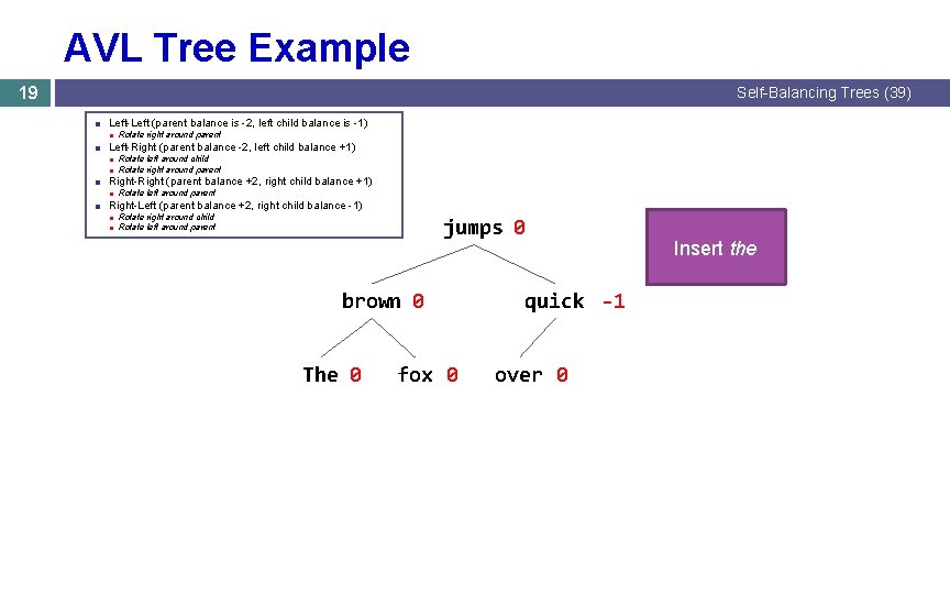 AVL Tree Example 19 Self-Balancing Trees (39) ■ Left-Left (parent balance is -2, left AVL Tree Example 19 Self-Balancing Trees (39) ■ Left-Left (parent balance is -2, left