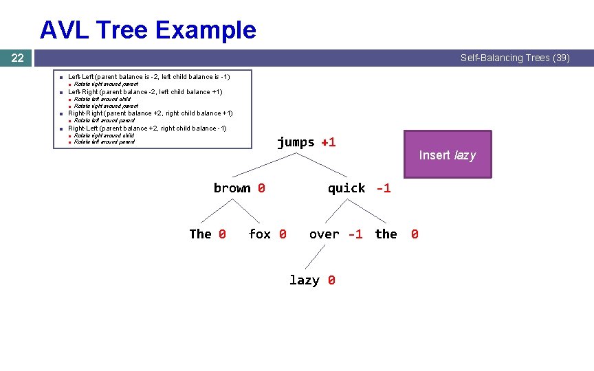 AVL Tree Example 22 Self-Balancing Trees (39) ■ Left-Left (parent balance is -2, left AVL Tree Example 22 Self-Balancing Trees (39) ■ Left-Left (parent balance is -2, left