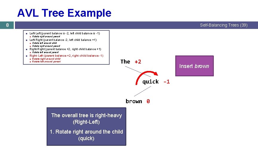 AVL Tree Example 8 Self-Balancing Trees (39) ■ Left-Left (parent balance is -2, left AVL Tree Example 8 Self-Balancing Trees (39) ■ Left-Left (parent balance is -2, left