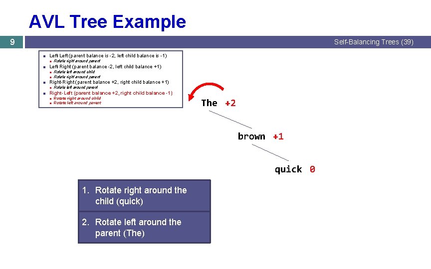 AVL Tree Example 9 Self-Balancing Trees (39) ■ Left-Left (parent balance is -2, left AVL Tree Example 9 Self-Balancing Trees (39) ■ Left-Left (parent balance is -2, left
