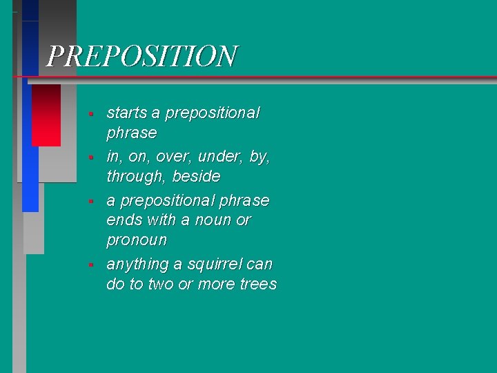 PREPOSITION § § starts a prepositional phrase in, over, under, by, through, beside a