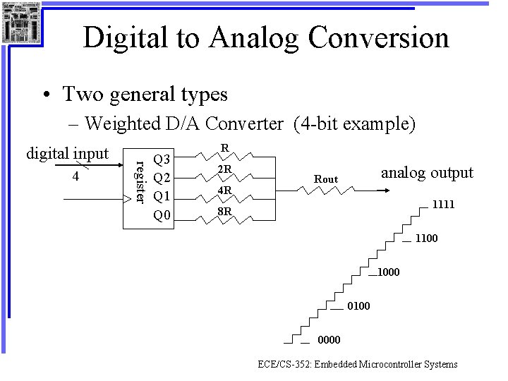 Digital to Analog Conversion • Two general types – Weighted D/A Converter (4 -bit