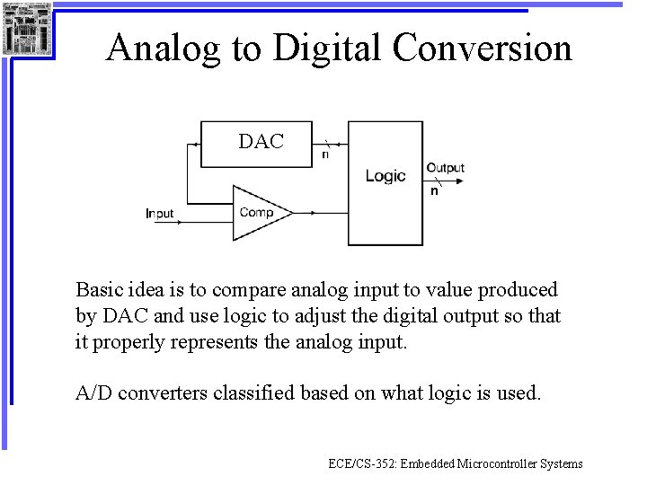 Analog to Digital Conversion DAC n Basic idea is to compare analog input to