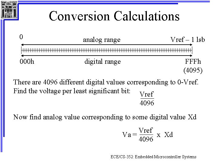 Conversion Calculations 0 analog range 000 h digital range Vref – 1 lsb FFFh