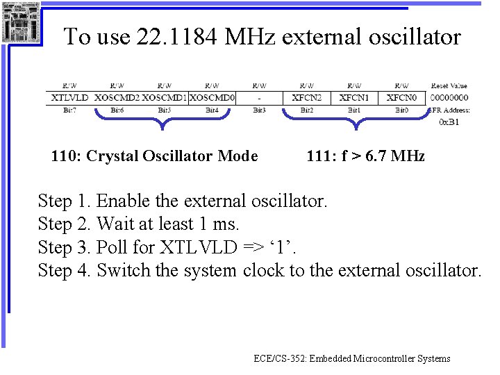 To use 22. 1184 MHz external oscillator 110: Crystal Oscillator Mode 111: f >