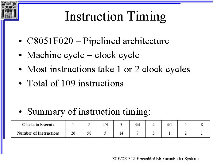 Instruction Timing • • C 8051 F 020 – Pipelined architecture Machine cycle =