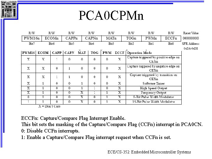 PCA 0 CPMn ECCFn: Capture/Compare Flag Interrupt Enable. This bit sets the masking of