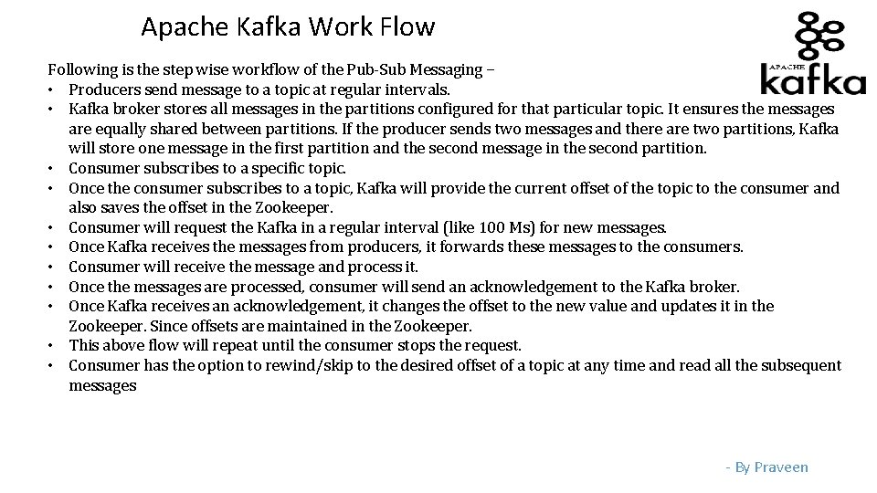 Apache Kafka Work Flow Following is the step wise workflow of the Pub-Sub Messaging