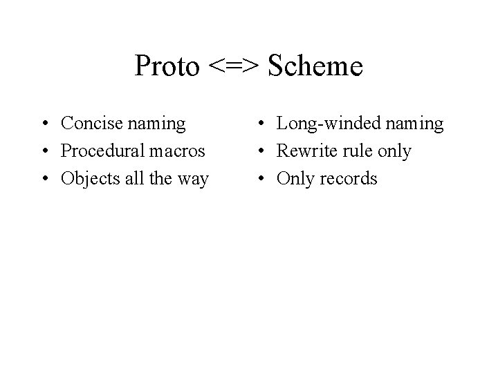 Proto <=> Scheme • Concise naming • Procedural macros • Objects all the way