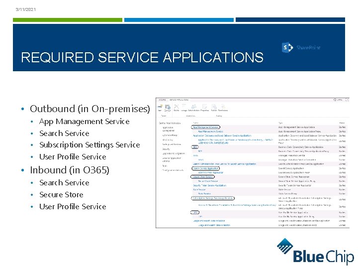 3/11/2021 REQUIRED SERVICE APPLICATIONS • Outbound (in On-premises) • App Management Service • Search