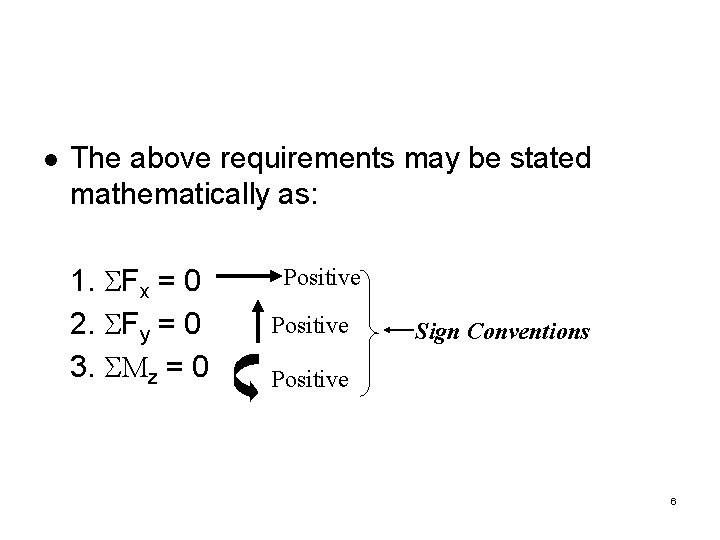 l The above requirements may be stated mathematically as: 1. SFx = 0 2.