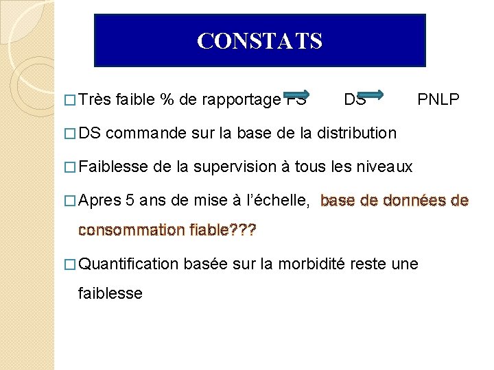 CONSTATS � Très � DS faible % de rapportage FS DS PNLP commande sur