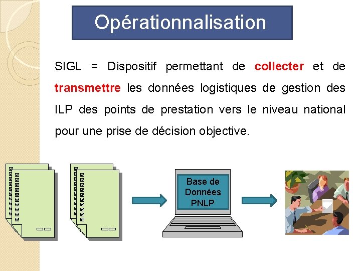 Opérationnalisation SIGL = Dispositif permettant de collecter et de transmettre les données logistiques de