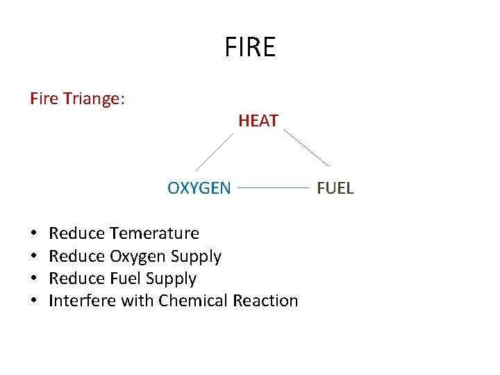 FIRE Fire Triange: HEAT OXYGEN • • Reduce Temerature Reduce Oxygen Supply Reduce Fuel