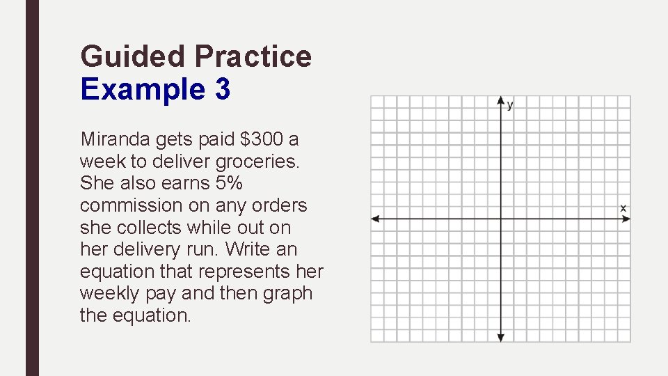 Guided Practice Example 3 Miranda gets paid $300 a week to deliver groceries. She