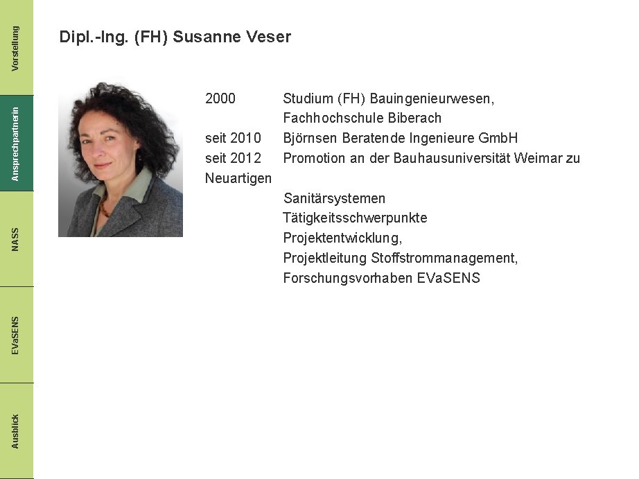 Vorstellung Dipl. -Ing. (FH) Susanne Veser Ausblick EVa. SENS NASS Ansprechpartnerin 2000 seit 2012