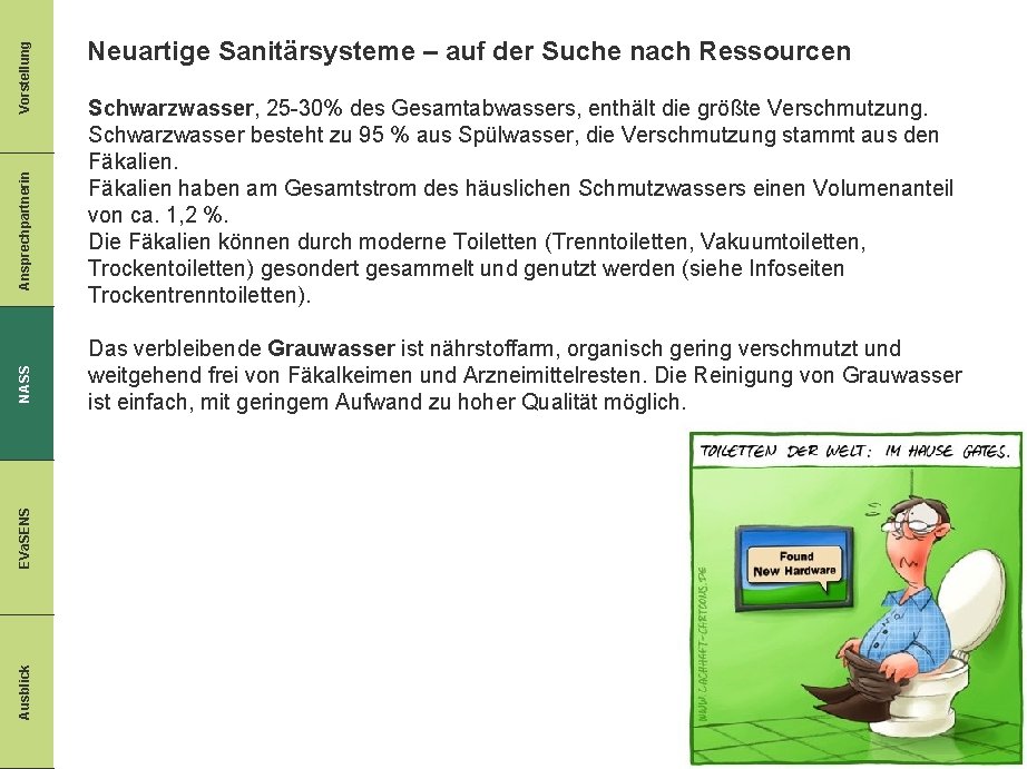 Vorstellung Ansprechpartnerin NASS EVa. SENS Ausblick Neuartige Sanitärsysteme – auf der Suche nach Ressourcen