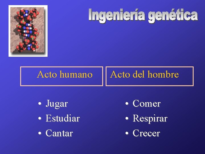 Acto humano • Jugar • Estudiar • Cantar Acto del hombre • Comer •