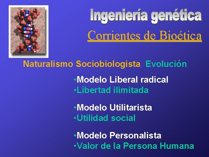 Corrientes de Bioética Naturalismo Sociobiologista Evolución • Modelo Liberal radical • Libertad ilimitada •