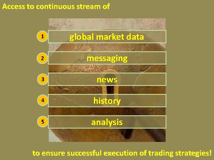 Access to continuous stream of 1 global market data 2 messaging 3 news 4