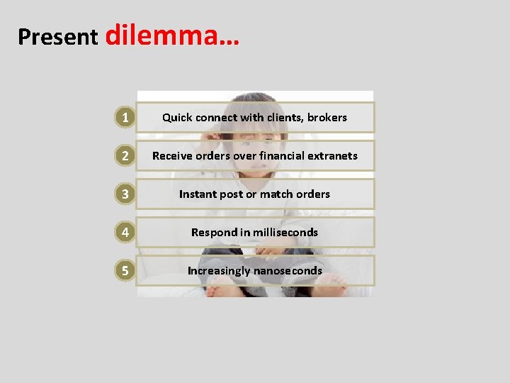 Present dilemma… 1 Quick connect with clients, brokers 2 Receive orders over financial extranets