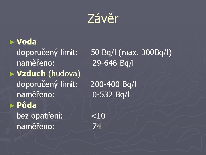 Závěr ► Voda doporučený limit: naměřeno: ► Vzduch (budova) doporučený limit: naměřeno: ► Půda