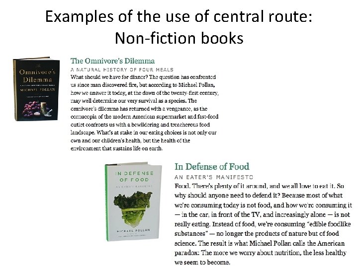 Examples of the use of central route: Non-fiction books 
