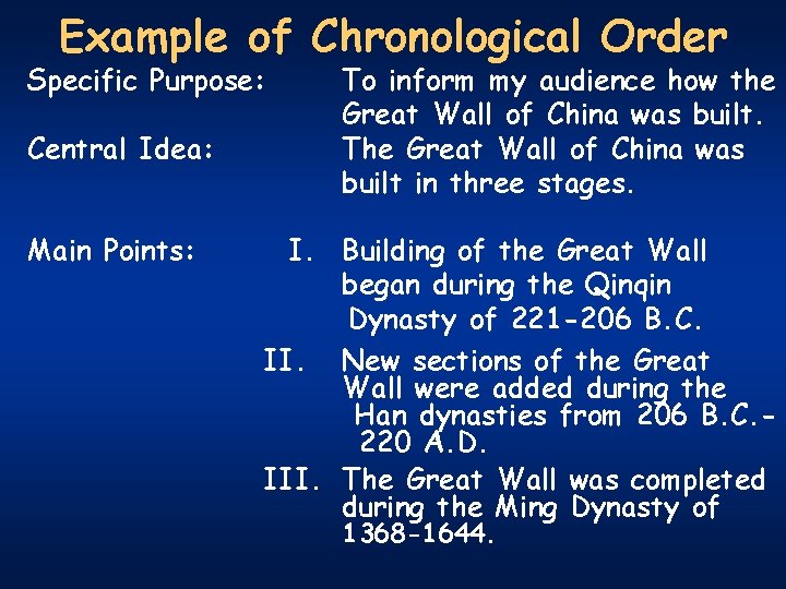 Example of Chronological Order Specific Purpose: Central Idea: Main Points: To inform my audience