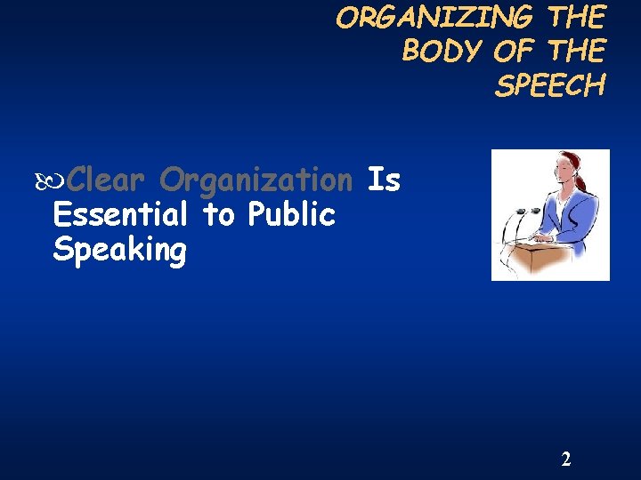 ORGANIZING THE BODY OF THE SPEECH Clear Organization Is Essential to Public Speaking 2