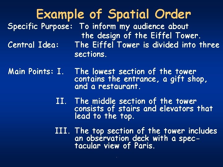 Example of Spatial Order Specific Purpose: To inform my audience about the design of
