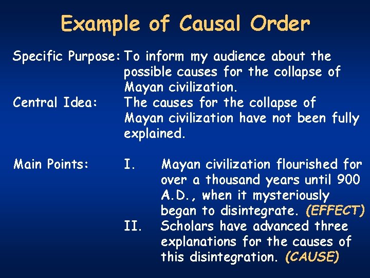 Example of Causal Order Specific Purpose: To inform my audience about the possible causes
