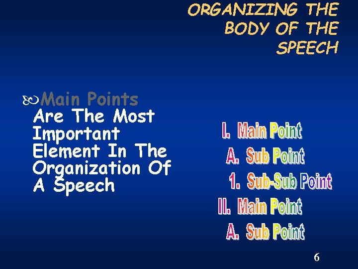 ORGANIZING THE BODY OF THE SPEECH Main Points Are The Most Important Element In