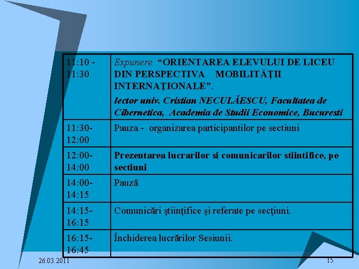 11: 10 11: 30 Expunere “ORIENTAREA ELEVULUI DE LICEU DIN PERSPECTIVA MOBILITĂŢII INTERNAŢIONALE”. lector