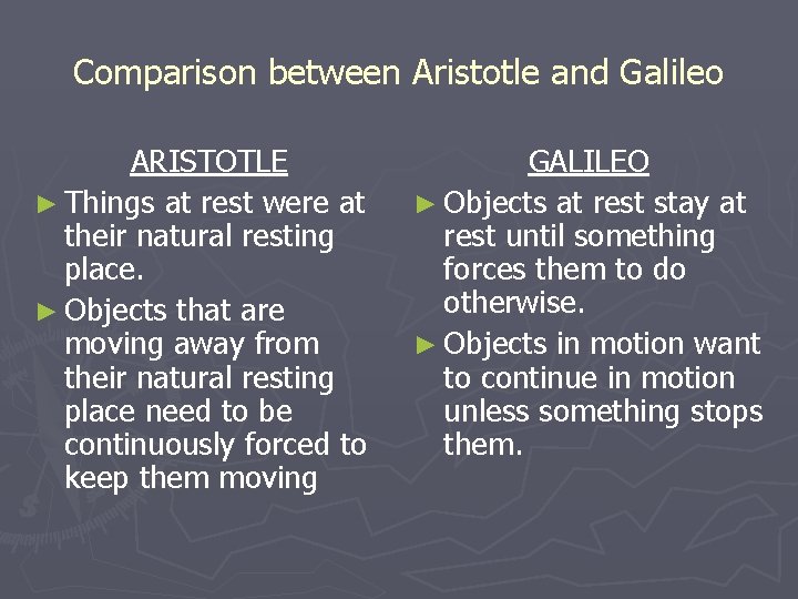 Comparison between Aristotle and Galileo ARISTOTLE ► Things at rest were at their natural