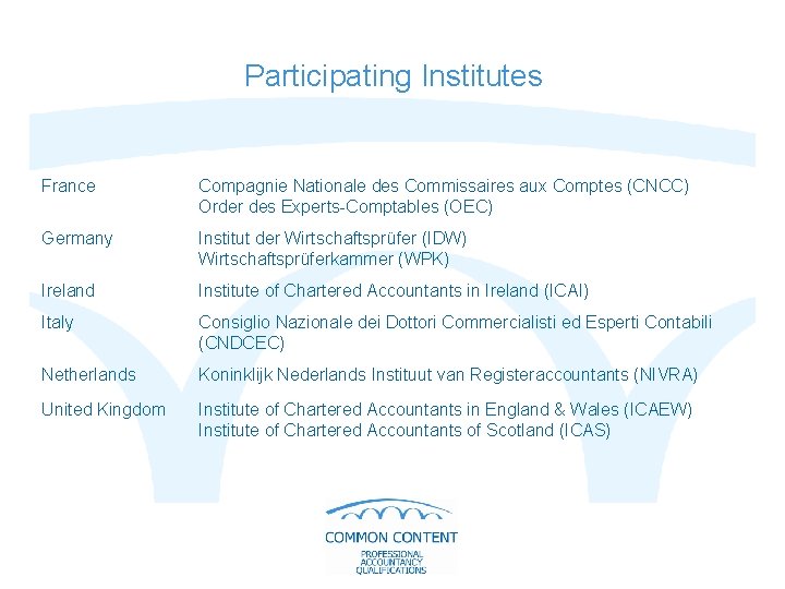 Participating Institutes France Compagnie Nationale des Commissaires aux Comptes (CNCC) Order des Experts-Comptables (OEC)