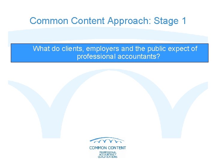 Common Content Approach: Stage 1 What do clients, employers and the public expect of