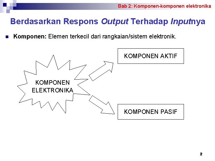 Bab 2: Komponen-komponen elektronika Berdasarkan Respons Output Terhadap Inputnya n Komponen: Elemen terkecil dari