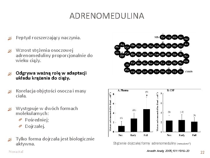 ADRENOMEDULINA Peptyd rozszerzający naczynia. Wzrost stężenia osoczowej adrenomeduliny proporcjonalnie do wieku ciąży. Odgrywa ważną